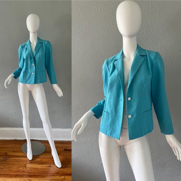 Vintage 70s Aqua Blue AMY ADAMS Boxy Disco Retro Blazer Jacket Top M - Picture 1 of 12